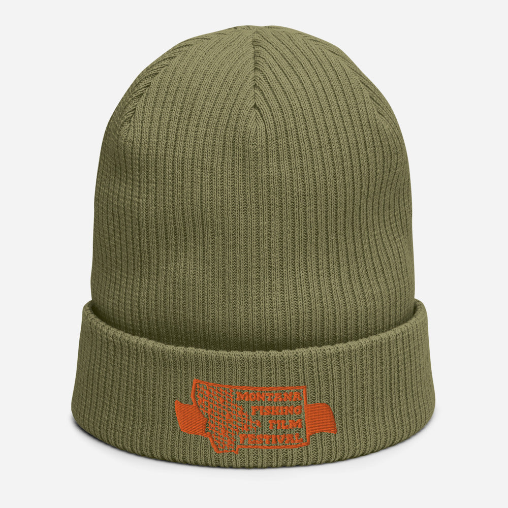 Olive/Orange logo Organic ribbed beanie
