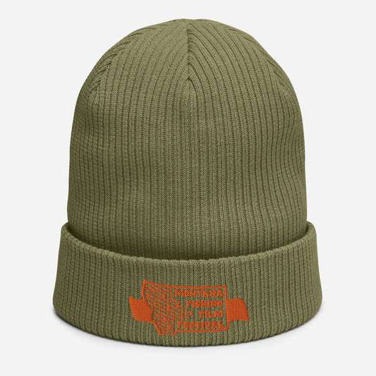 Olive/Orange logo Organic ribbed beanie
