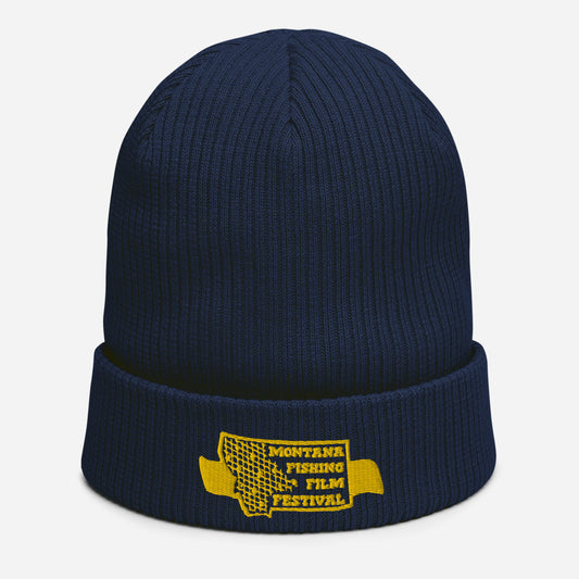 Navy/Gold logo Organic ribbed beanie